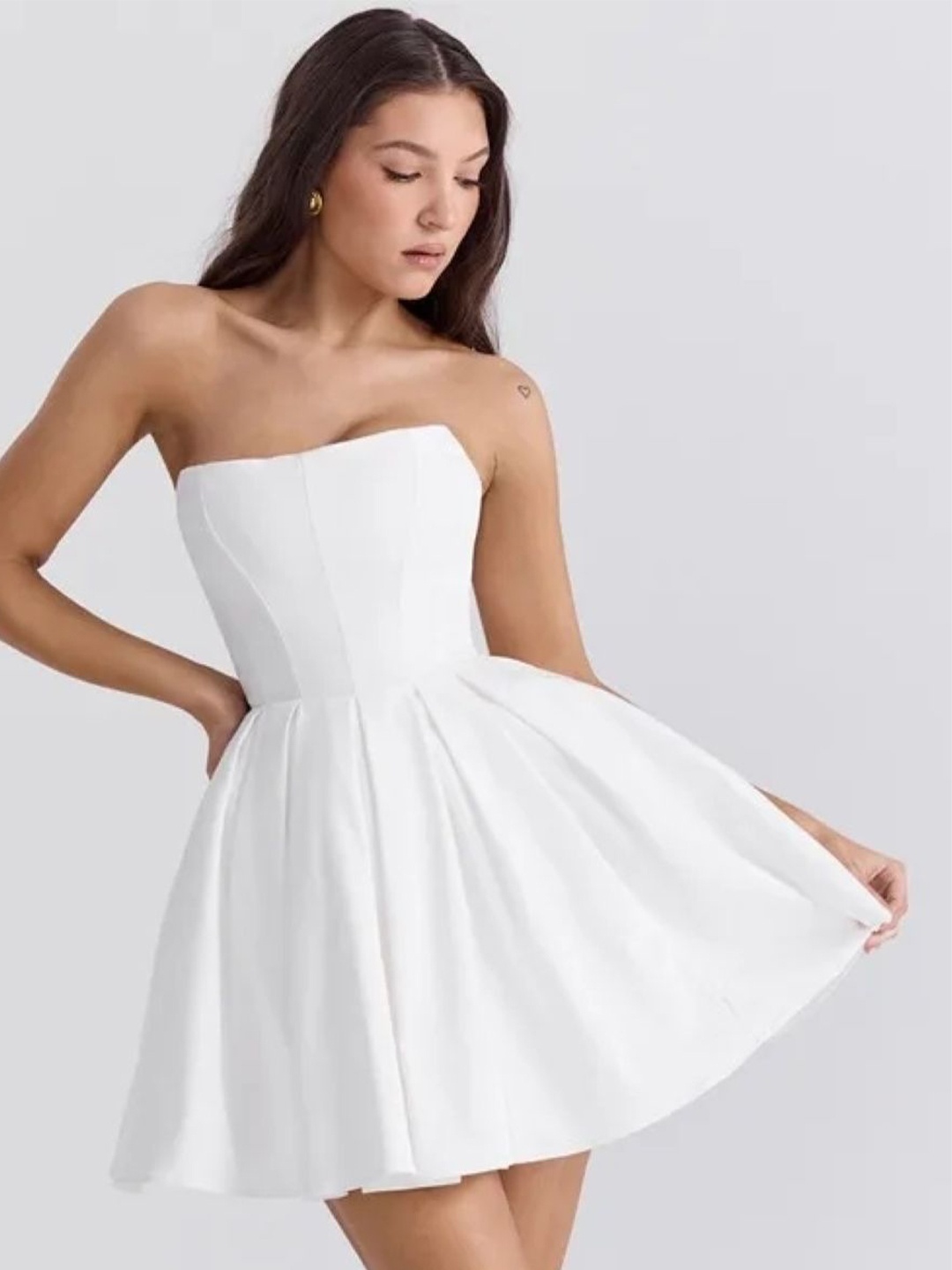 

KPOP Women Solid Strapless Fit and Flare Dress, White