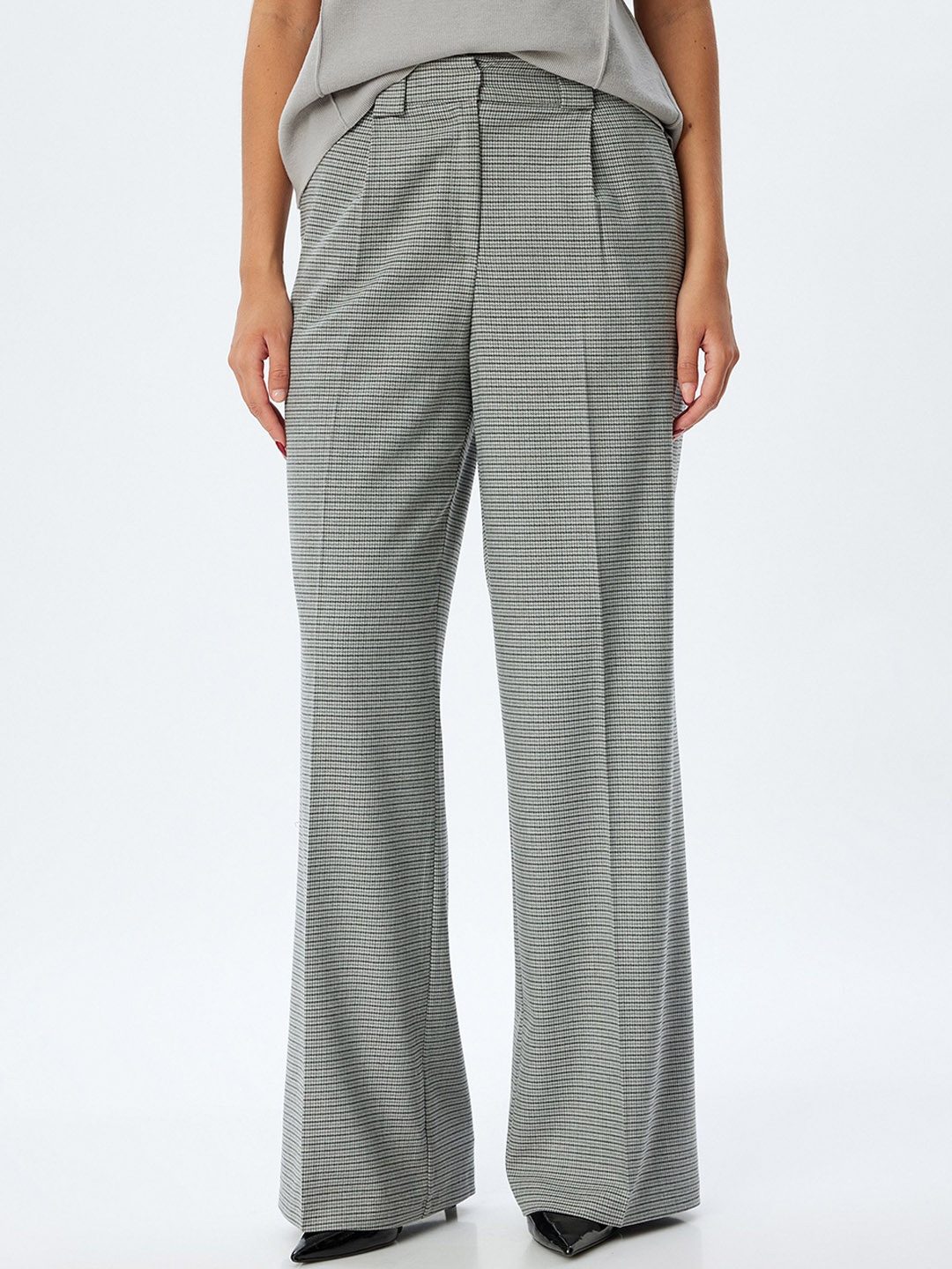 

Koton Women Checked Formal Bootcut Trousers, Grey