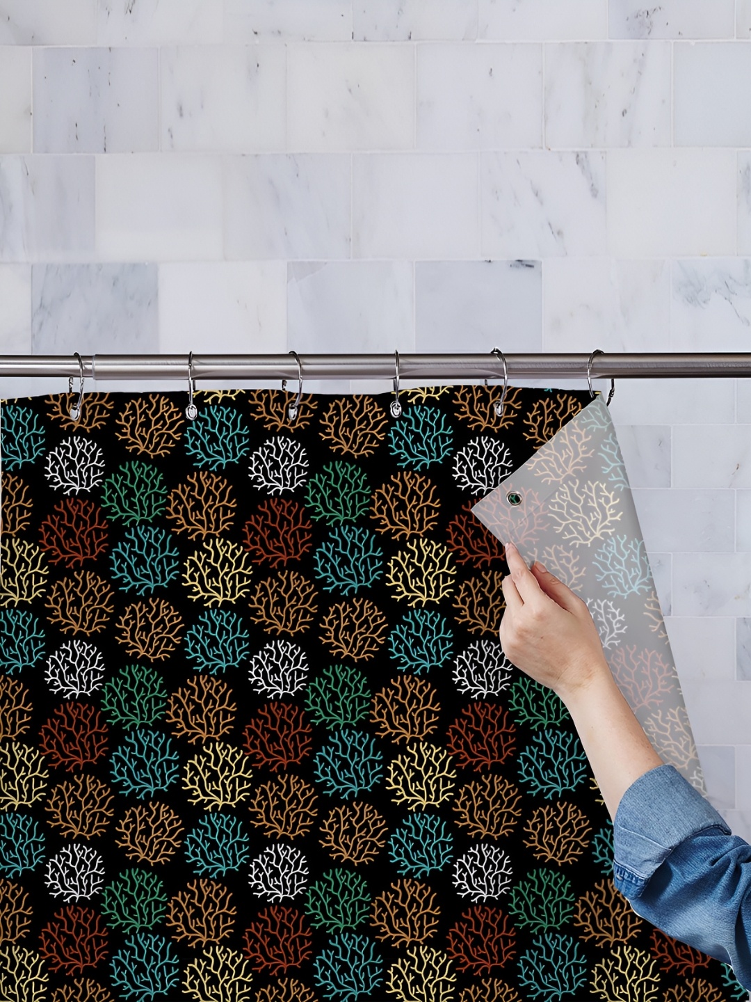 

ArtzFolio Black & Blue Printed Waterproof Shower Curtain