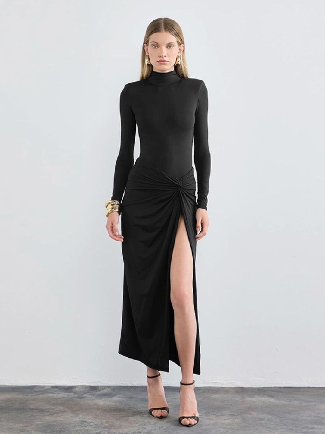 

KPOP Women Mandarin Collar Long Sleeves Bodycon Midi Dress, Black