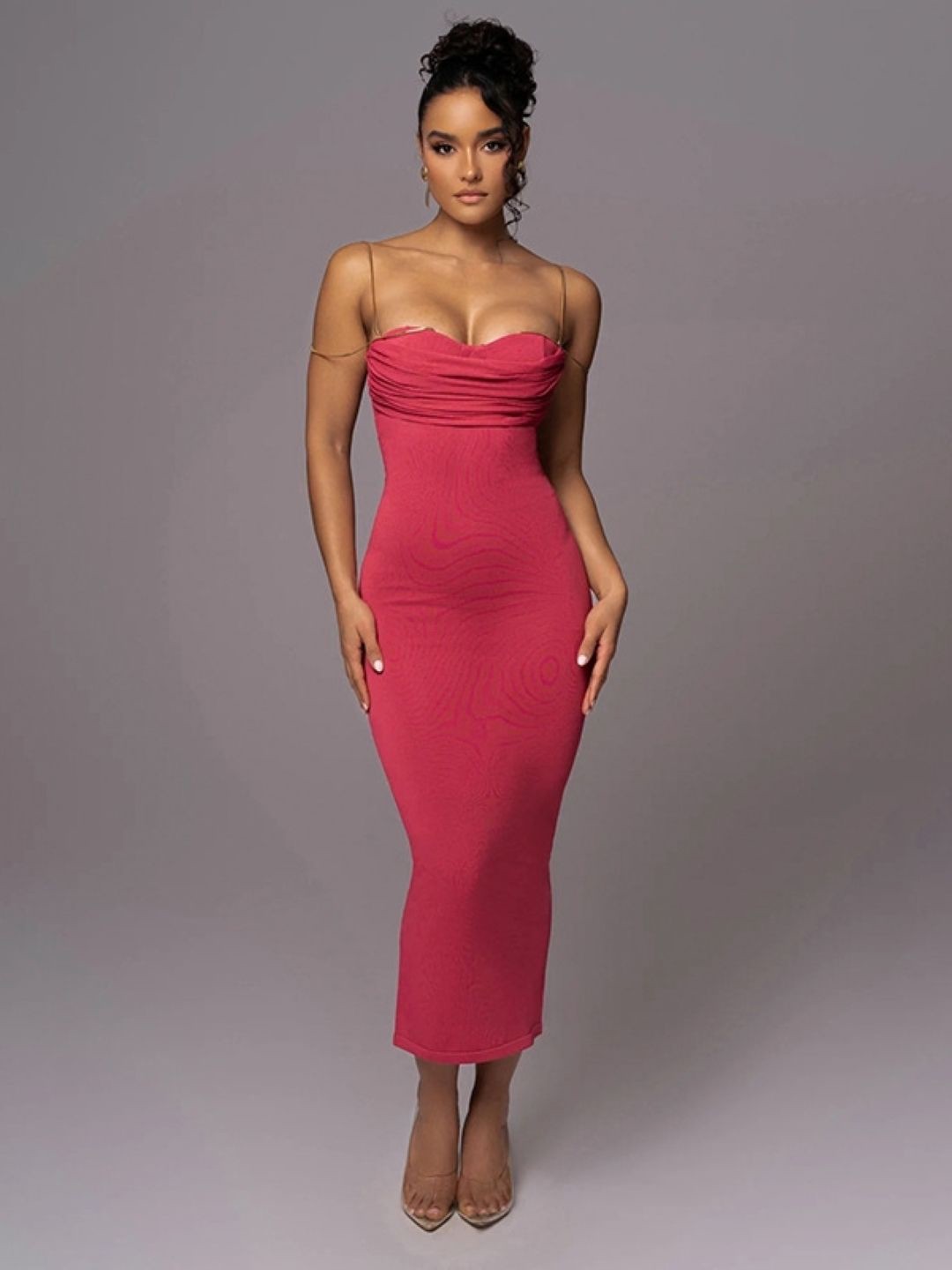 

KPOP Women Shoulder Straps Sleeveless Bodycon Maxi Dress, Pink