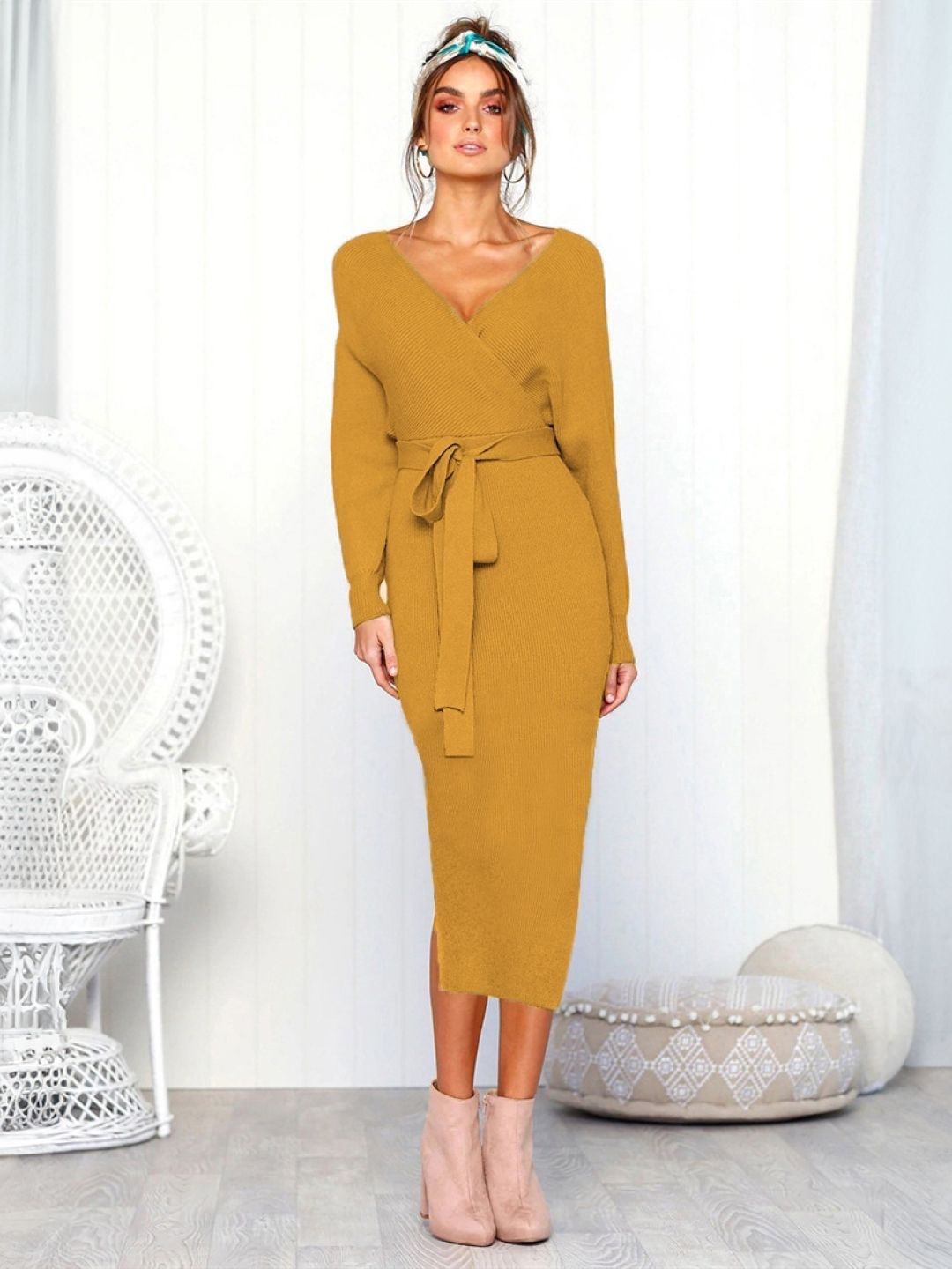 

StyleCast Women Waisted Tie-up Wrap Dress, Mustard