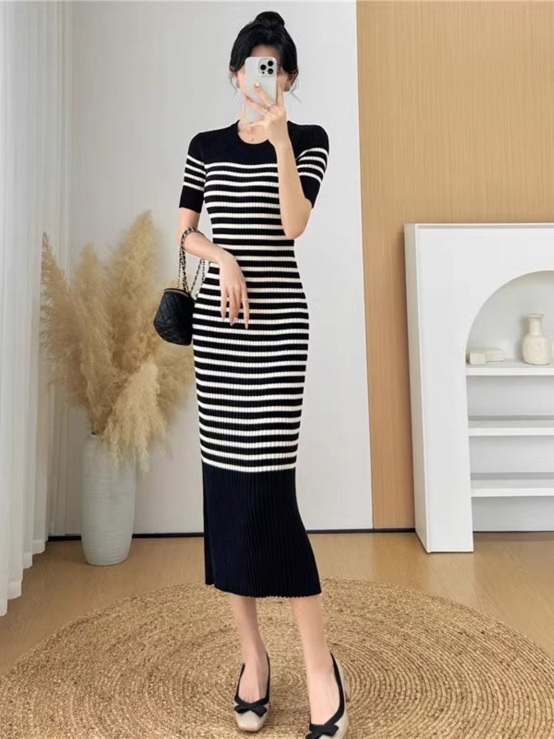 

KPOP Women Striped Bodycon Midi Dress, Black