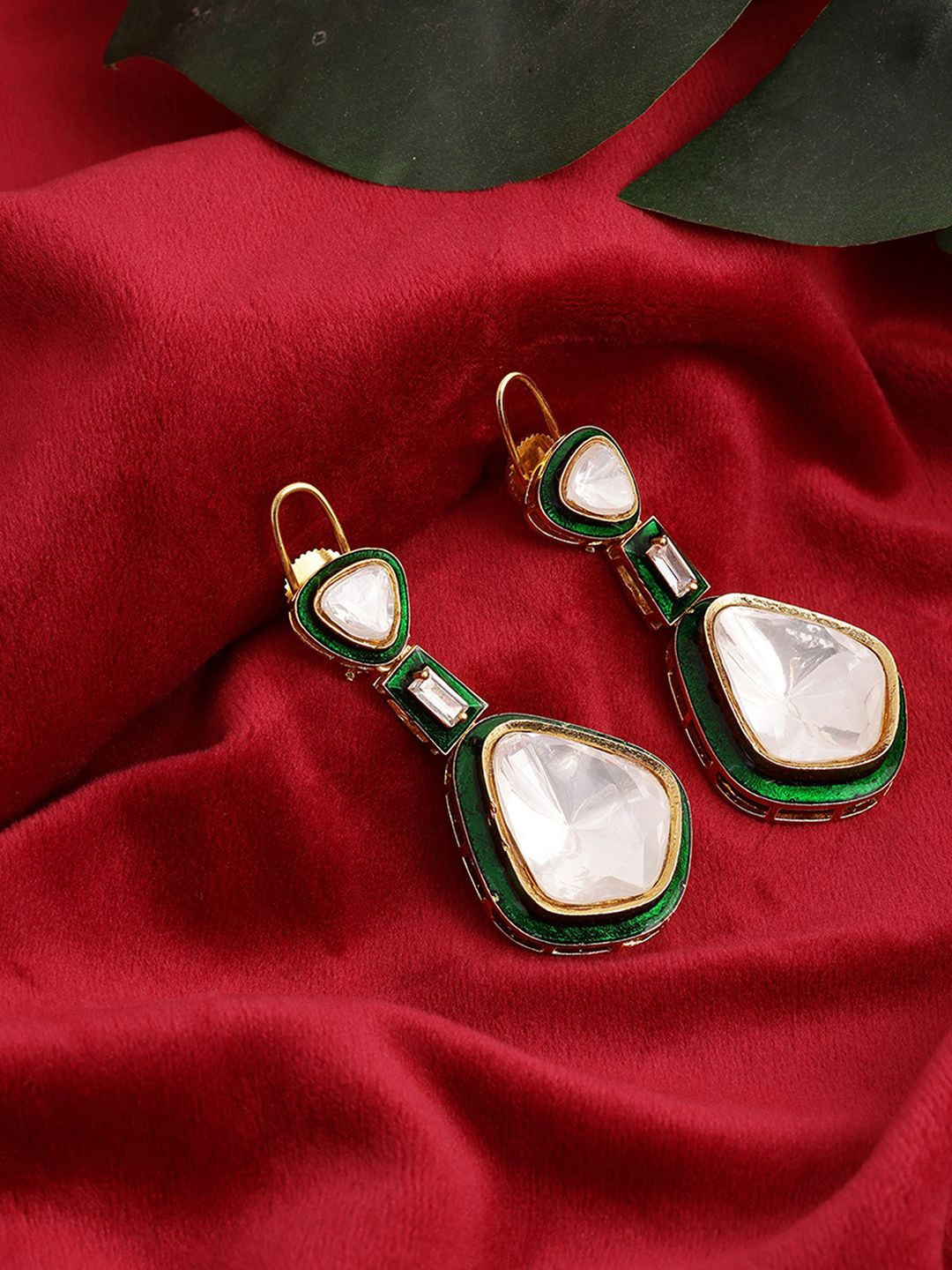 

Ruby Raang Gold-Plated Kundan Studded Contemporary Meenakar Drop Earrings, Green