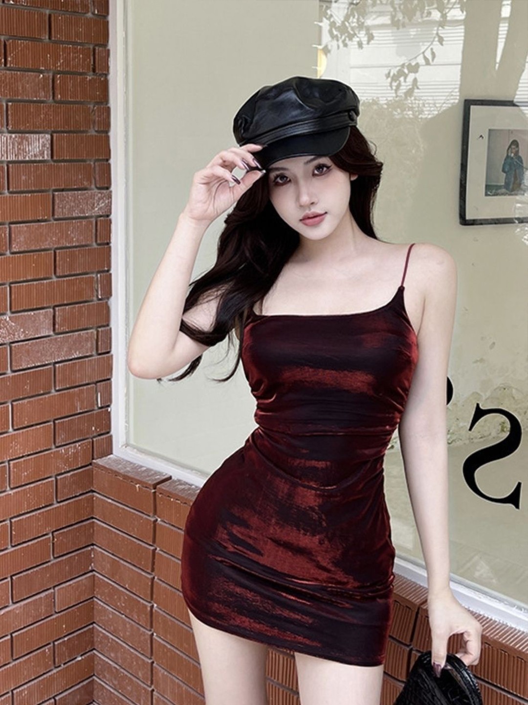 

KPOP Women Shoulder Straps Sleeveless Mini Sheath Dress, Red