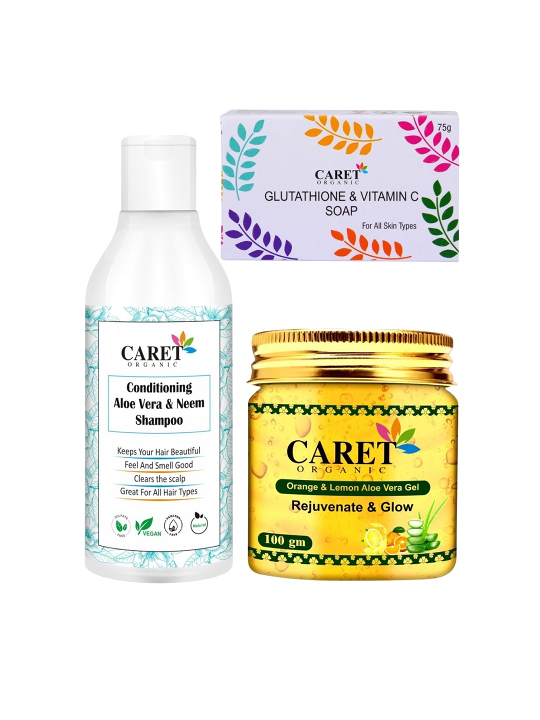 

CARET ORGANIC Set Of 3 Shampoo 250ml & Soap 75g & Aloevera Gel 100g, White