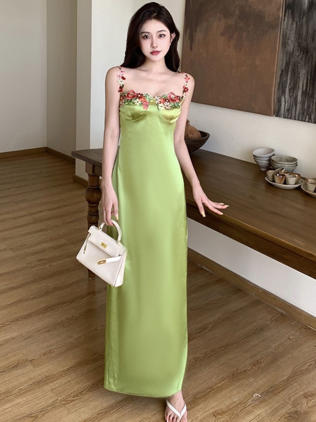 

KPOP Women Floral Printed Sheath Maxi Dress, Green