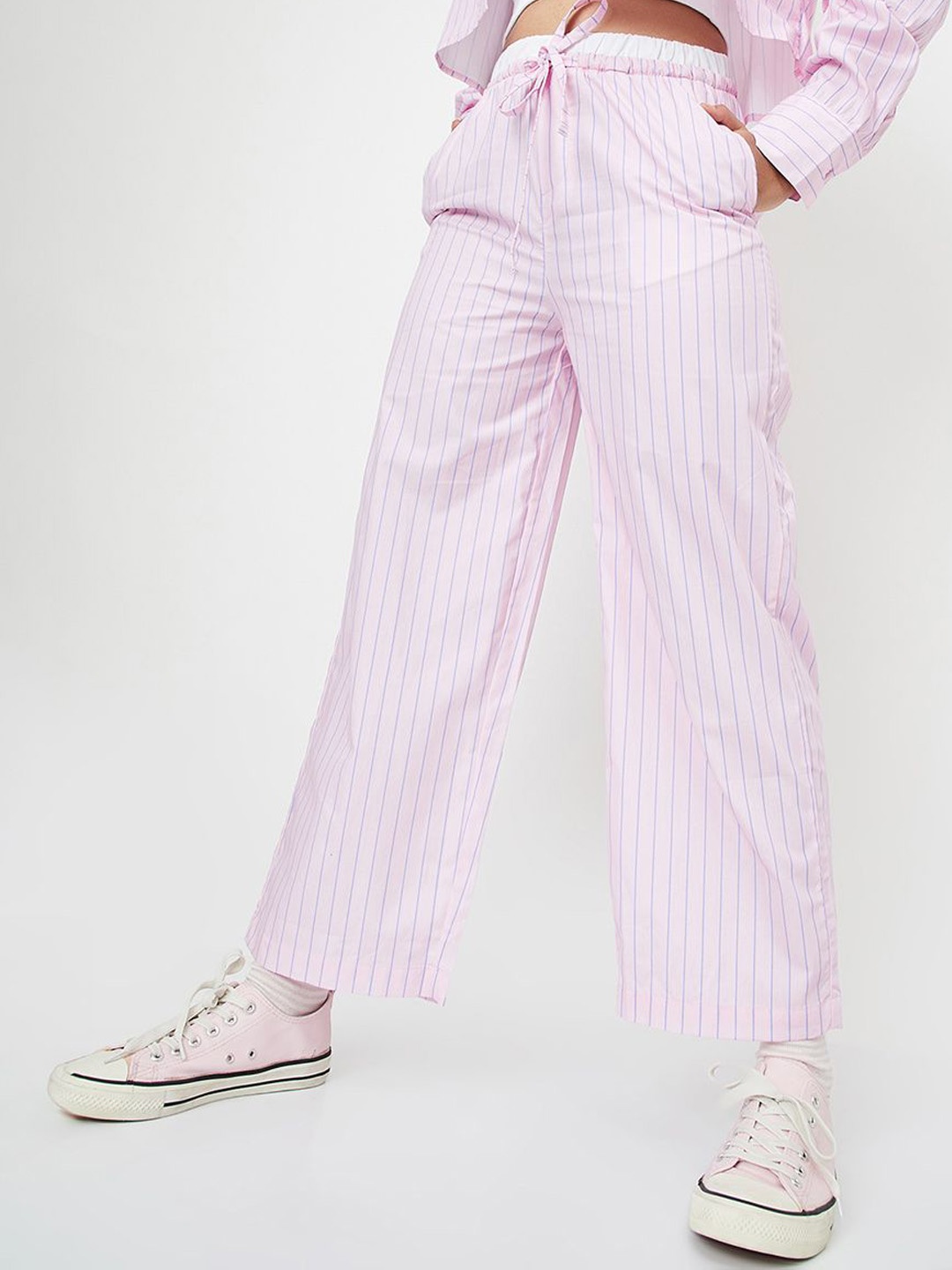 

max Girls Striped Mid-Rise Cotton Trousers, Pink