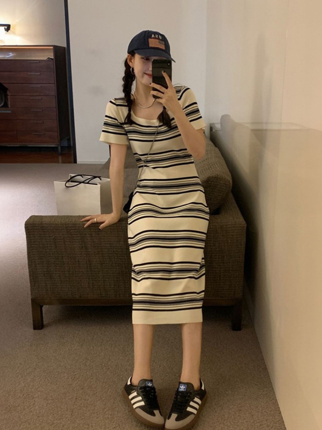 

HERE&NOW Women Striped Sheath Midi Dress, Cream