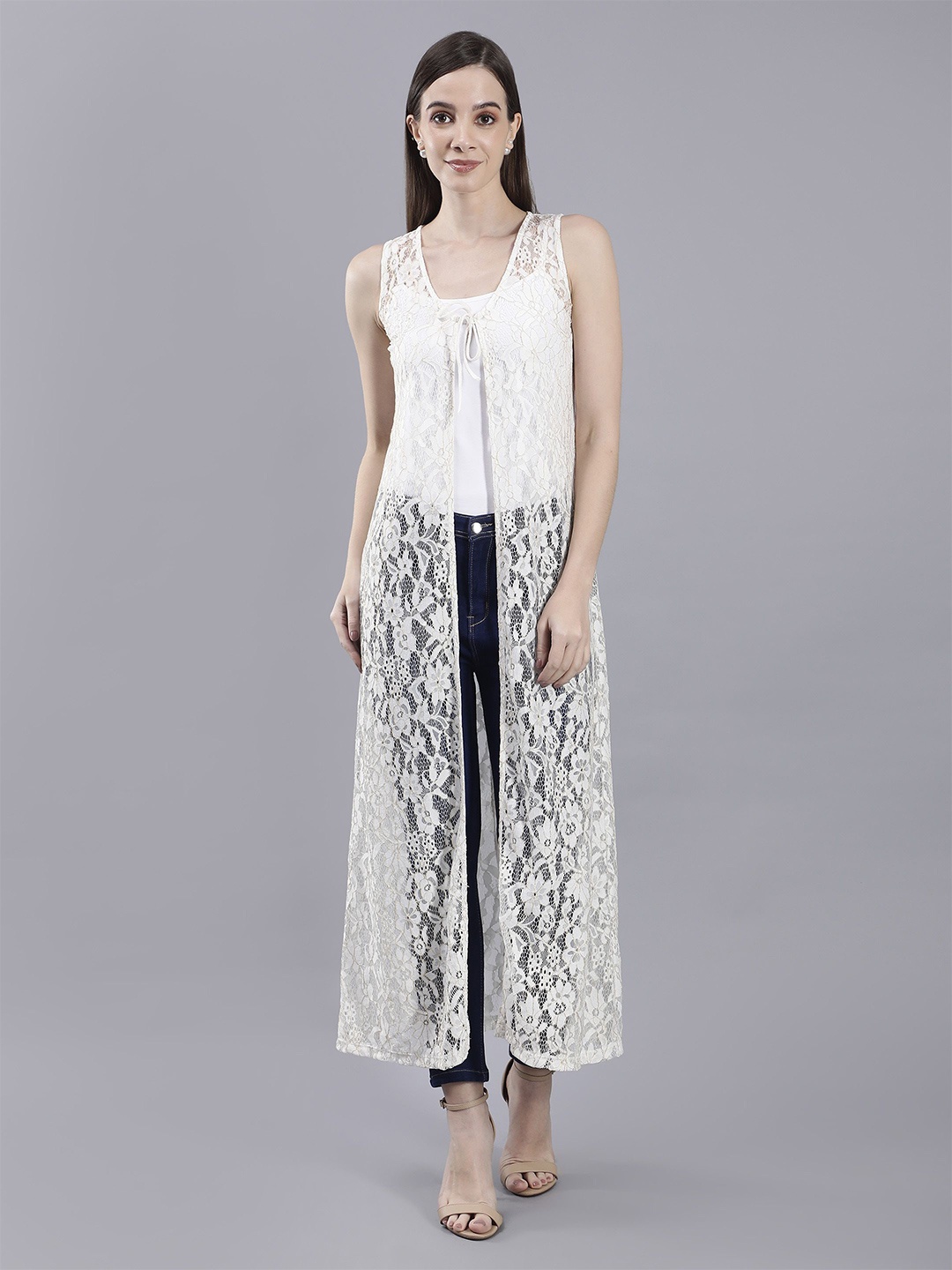 

SAFFE Lacey Floral Self Design Embellished Sleeveless Longline Tie-Up Shrug, White