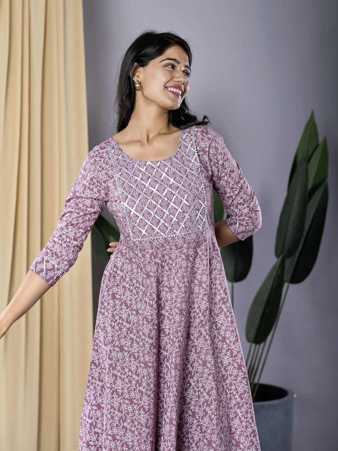 

KALINI Cotton Printed Fit & Flare Midi Ethnic Dress, Mauve