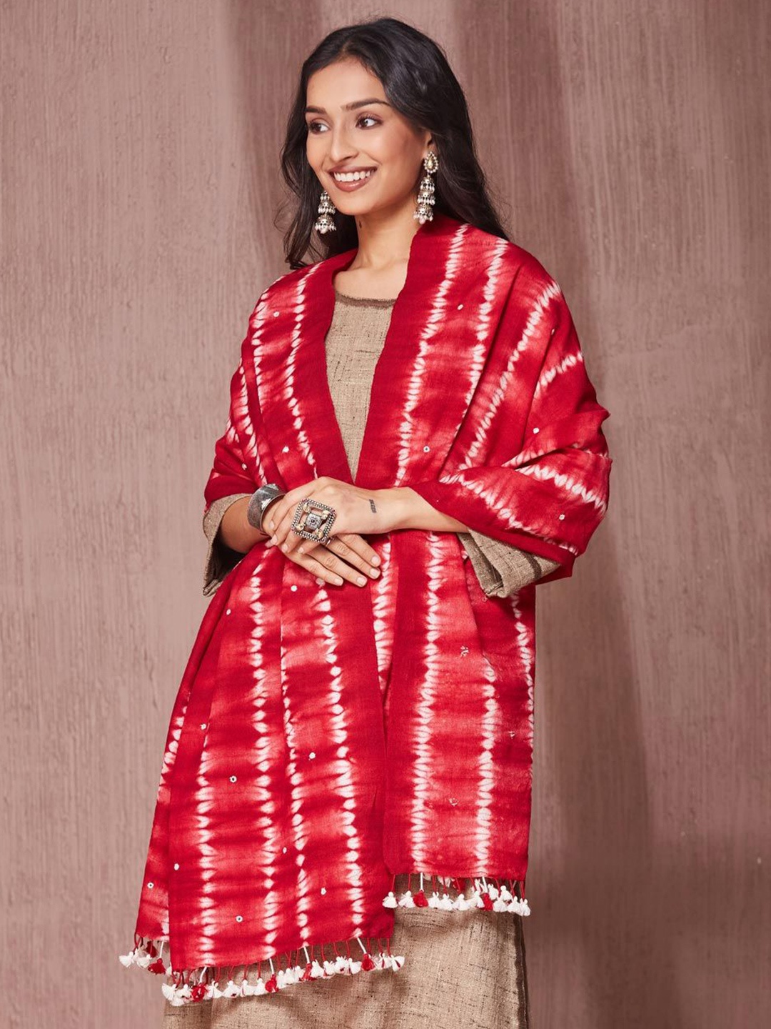 

Fabindia Women Tie & Dye Stole Tasselled Border, Red