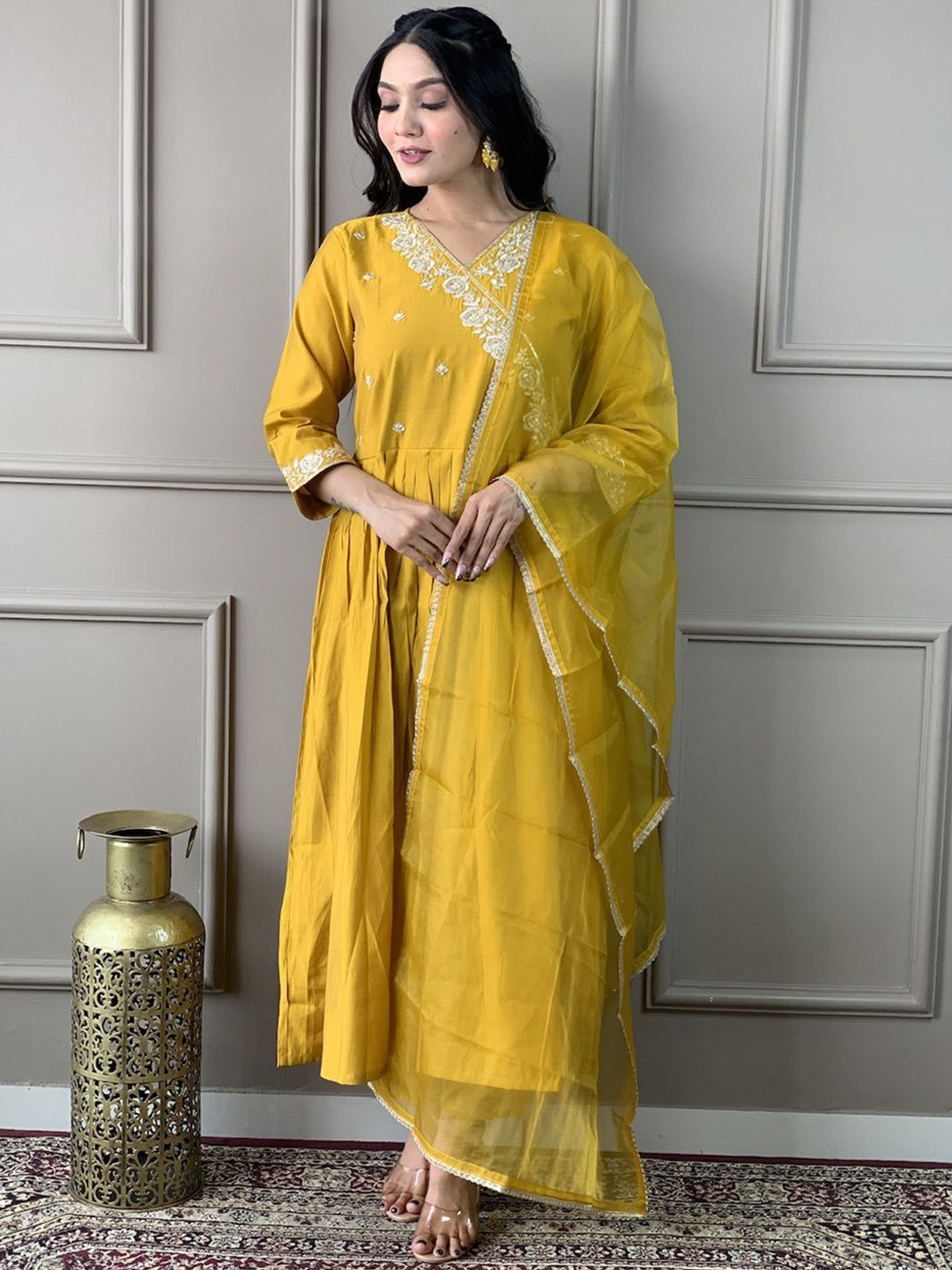

BESUCHER Floral Embroidered Angrakha Chanderi Silk Kurta With Trouser With Dupatta, Mustard