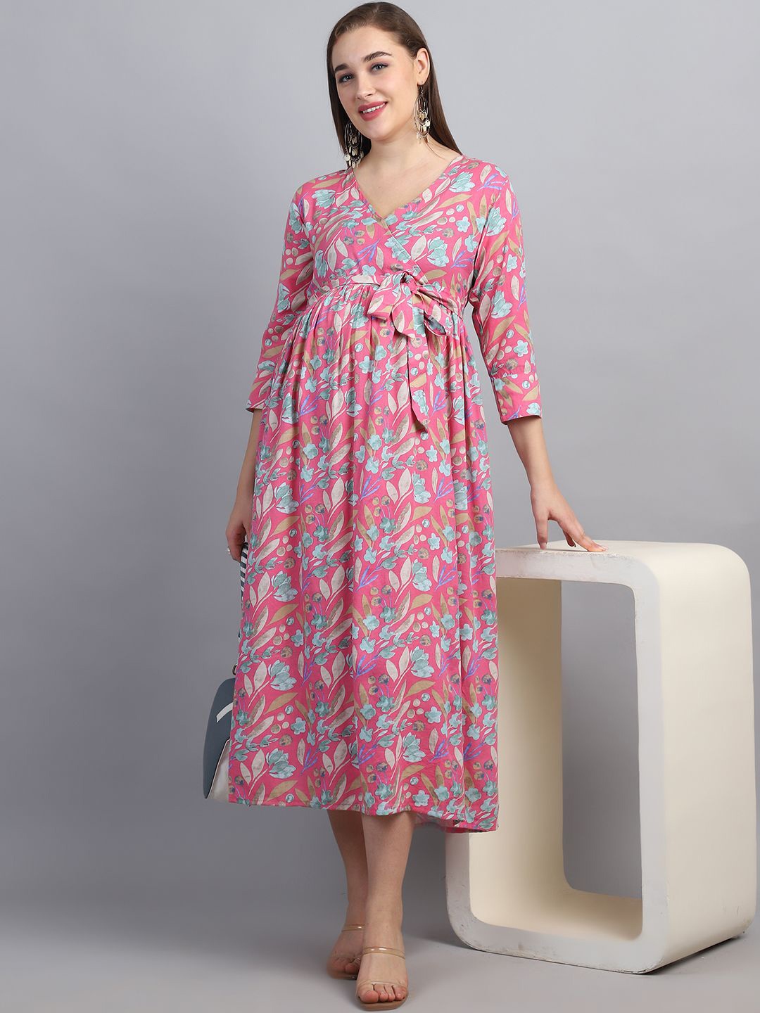 

Moms Maternity Women Floral Printed Maternity Wrap Dress, Pink