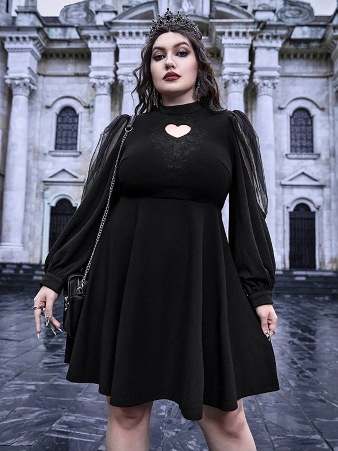 

KPOP Mock Neck Fit & Flare Dress, Black
