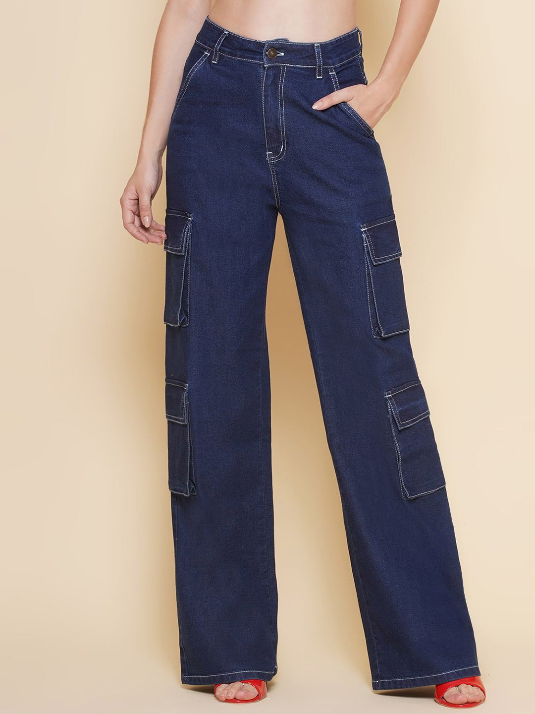 

PUELLA Women High-Rise Easy Wash Cargos Style jeans, Blue