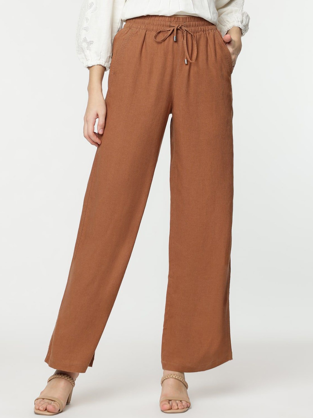 

Marks & Spencer Women Linen High-Rise Pleated Wide Leg Trousers, Brown