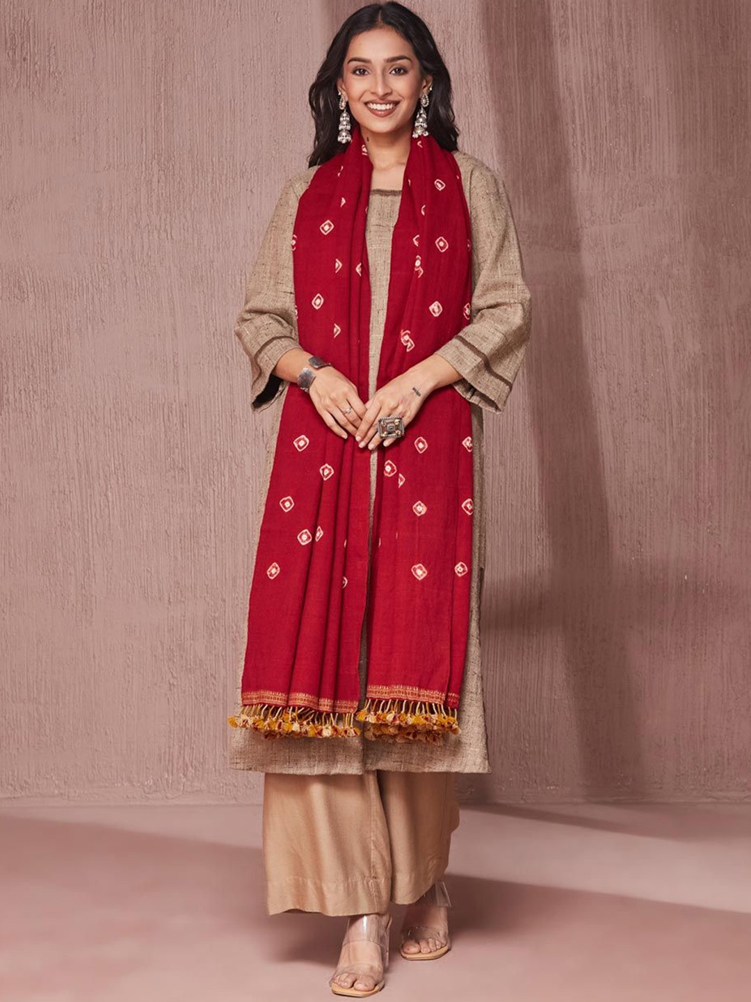 

Fabindia Geometric Tie & Dye Tasselled Woollen Shawl, Maroon