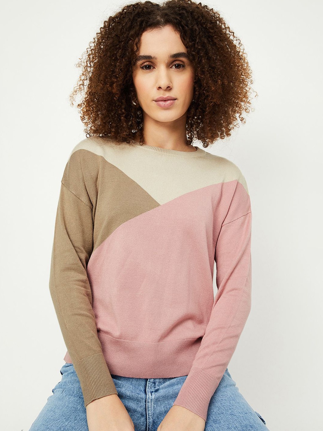 

max Women Colourblocked Round Neck Long Sleeves Pullover Sweaters, Pink