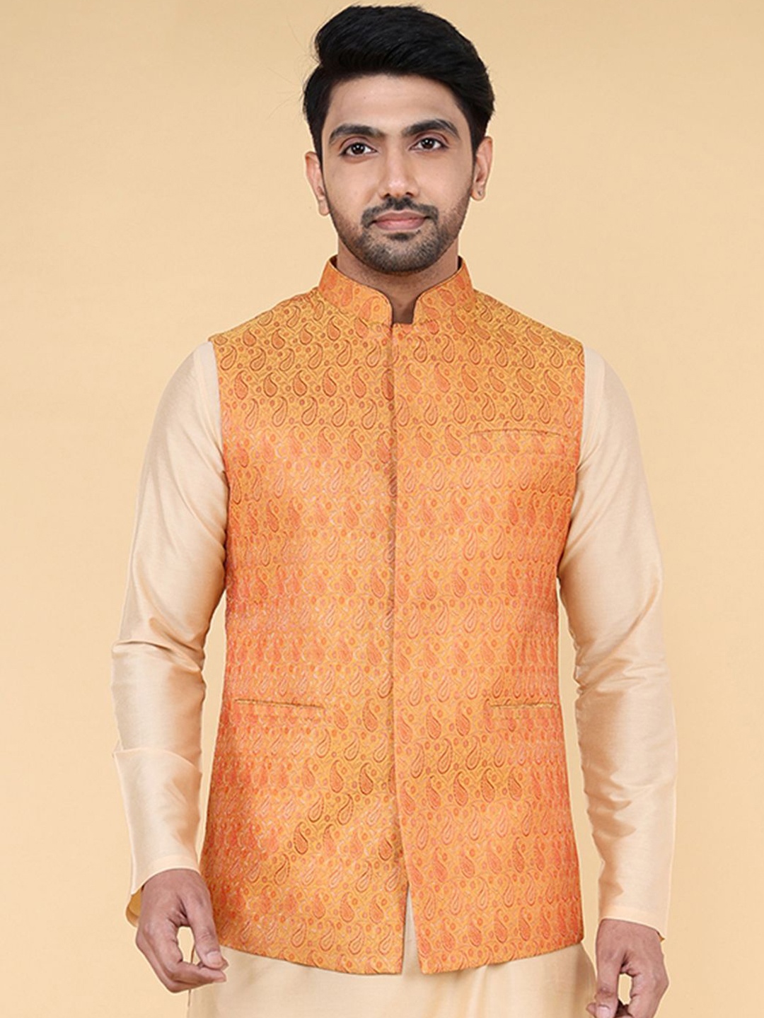 

ZOIS Men Embroidered Mandarin Collar Nehru Jacket, Orange