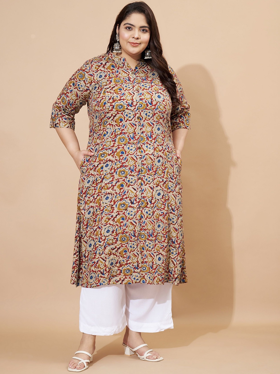 

Vbuyz Plus Floral Printed Mandarin Collar A-Line Kurta, Beige