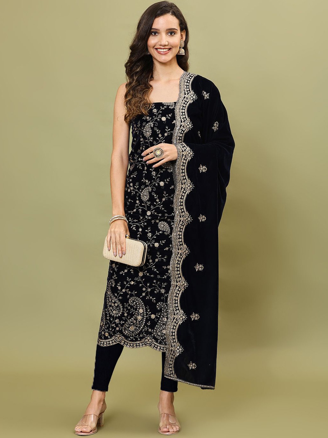 

Meena Bazaar Paisley Embroidered Sequinned Velvet Unstitched Dress Material, Navy blue
