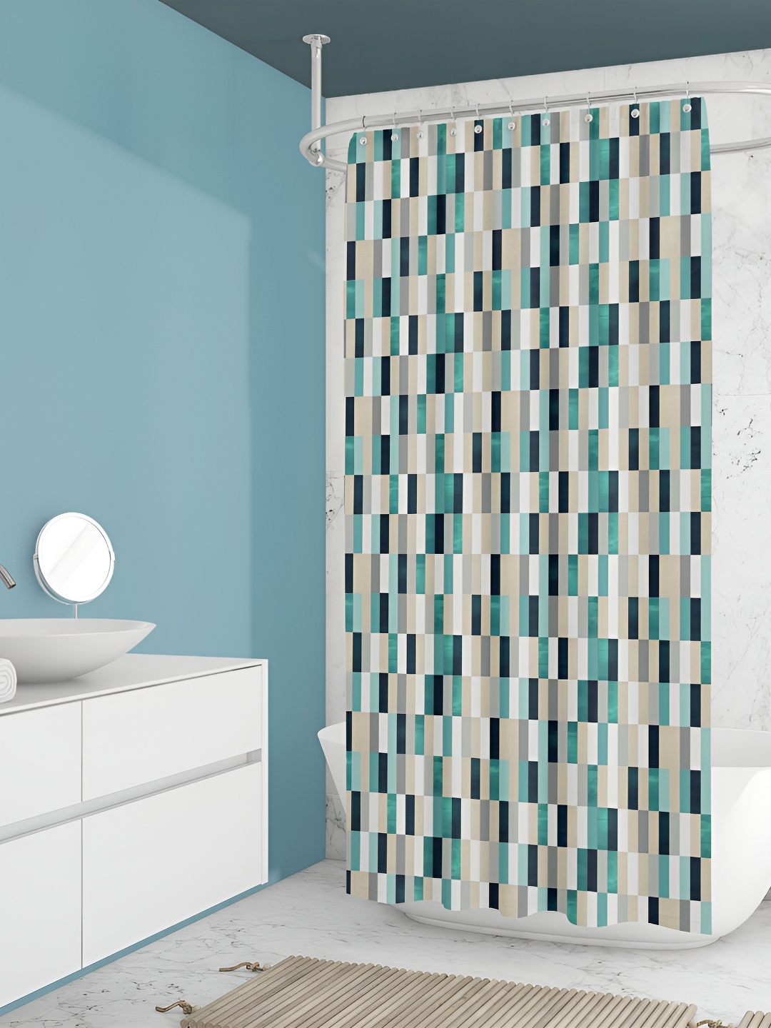 

ArtzFolio Beige & White Printed Waterproof Shower Curtain