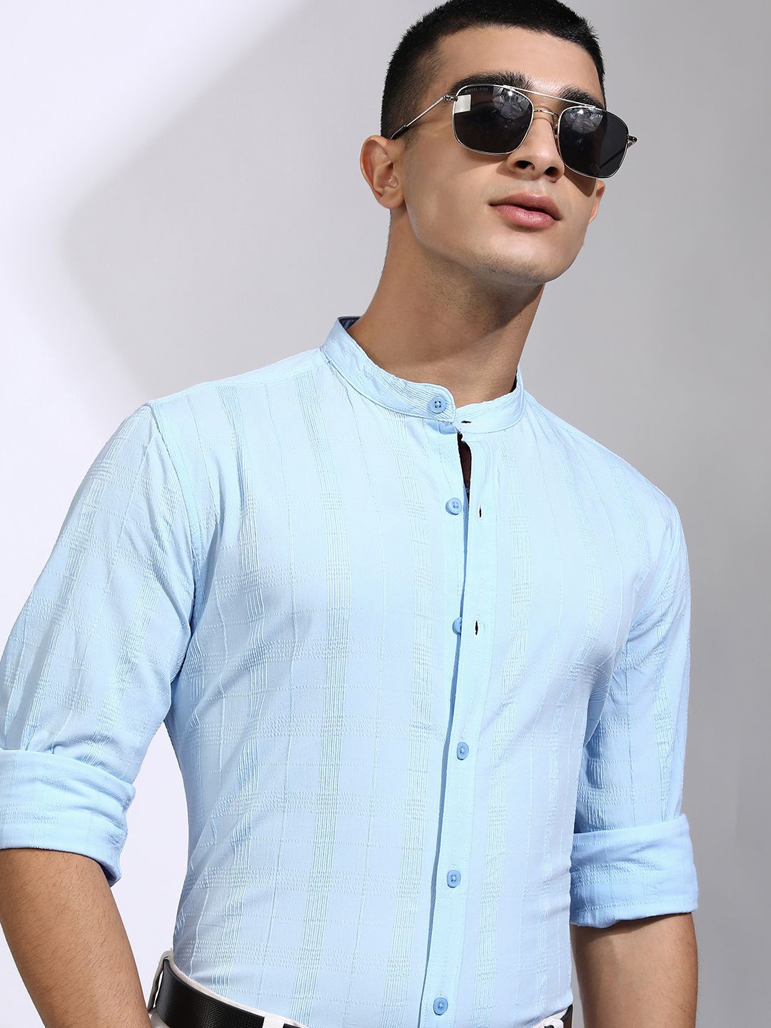 

HIGHLANDER Men Dobby Textured Striped Mandarin Collar Casual Shirt, Blue