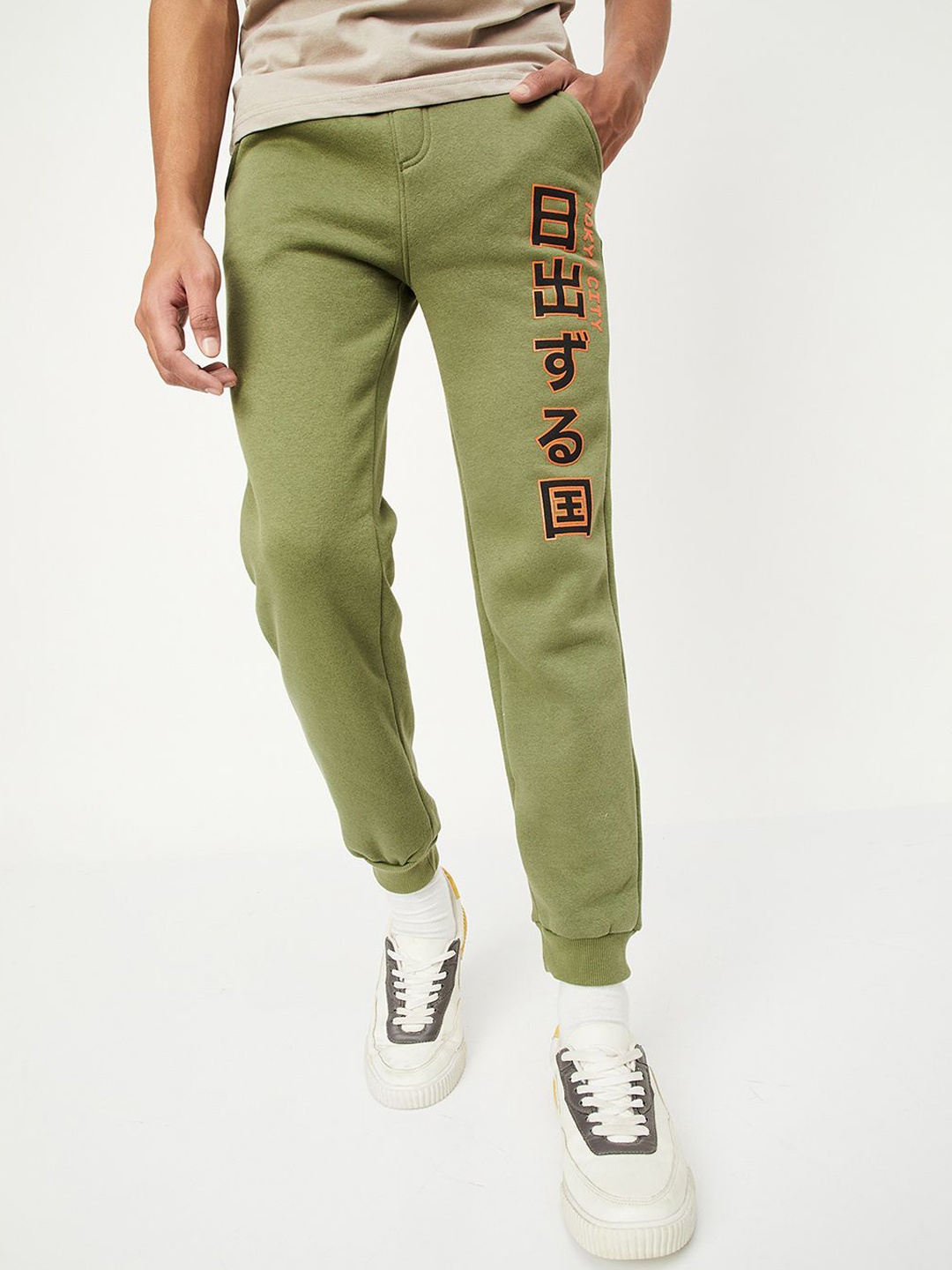 

max Boys Cotton Typography Printed Joggers, Green