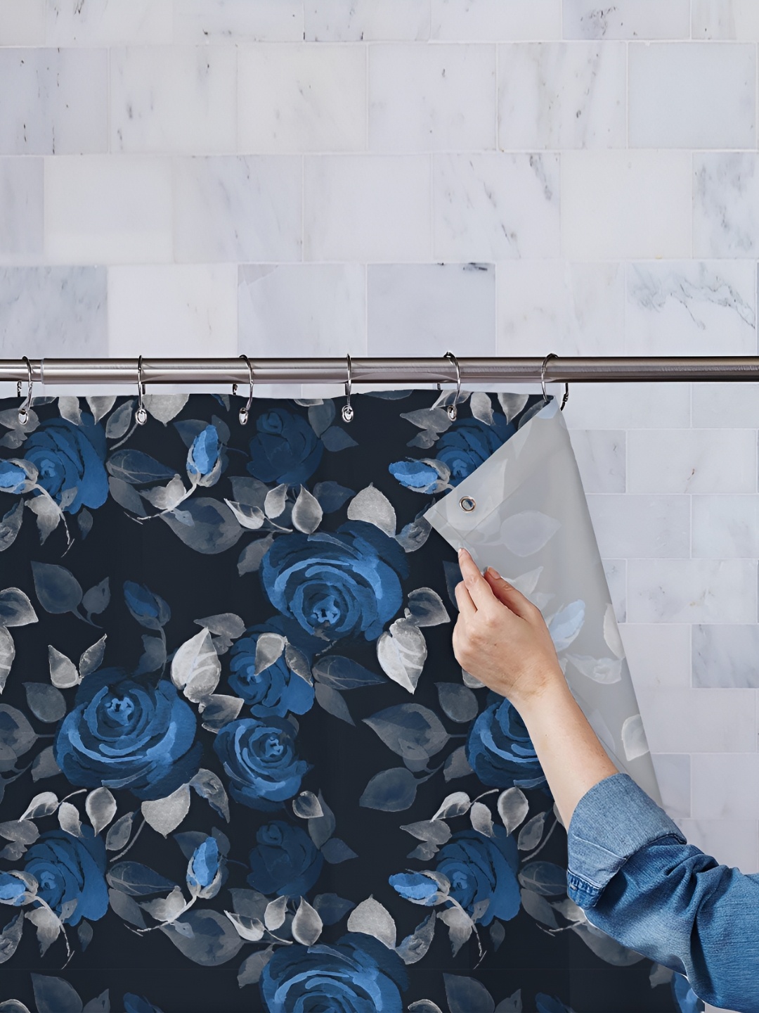 

ArtzFolio Blue & Grey Printed Waterproof Shower Curtains