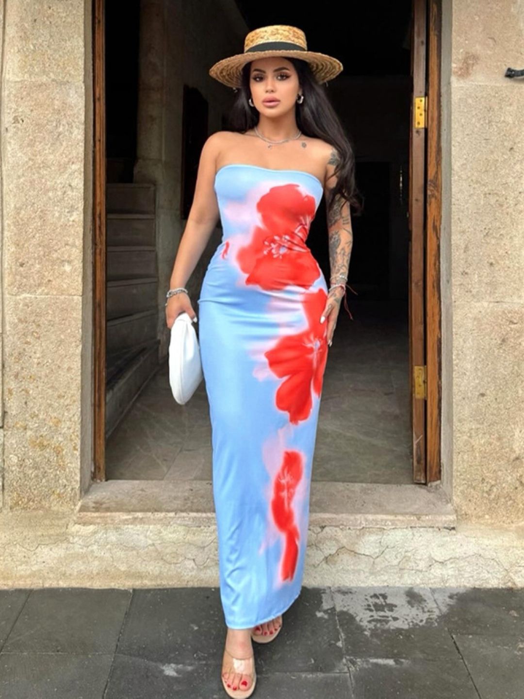 

KPOP Women Floral Print Off-Shoulder Bodycon Maxi Dress, Blue