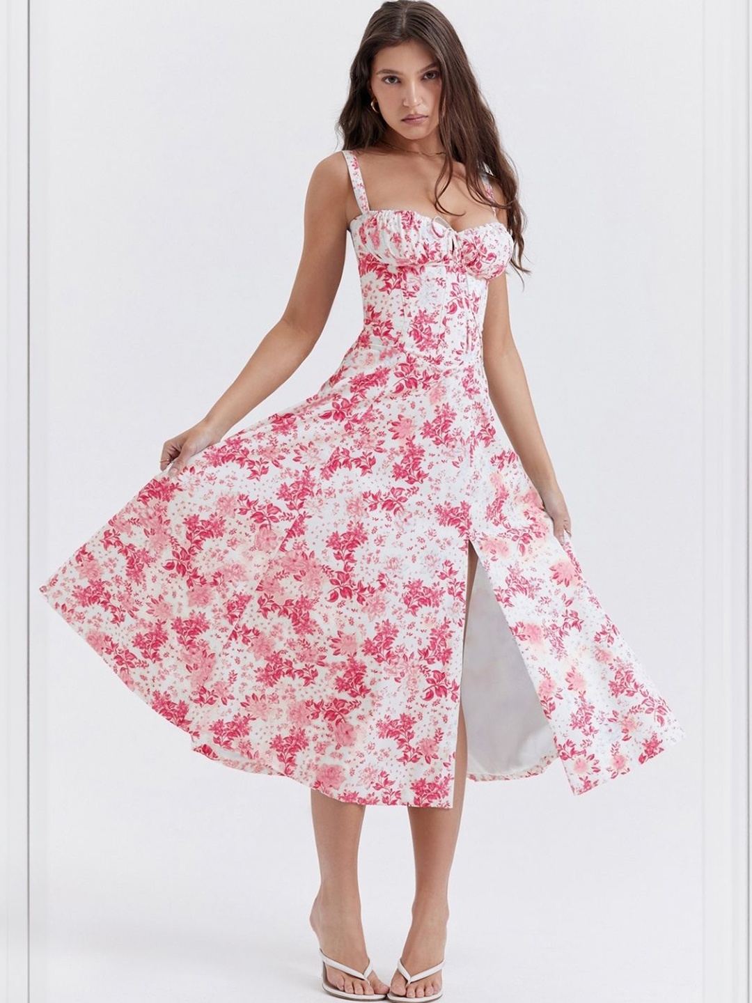 

KPOP Floral Printed Shoulder Straps Fit and Flare Midi Dress, Pink