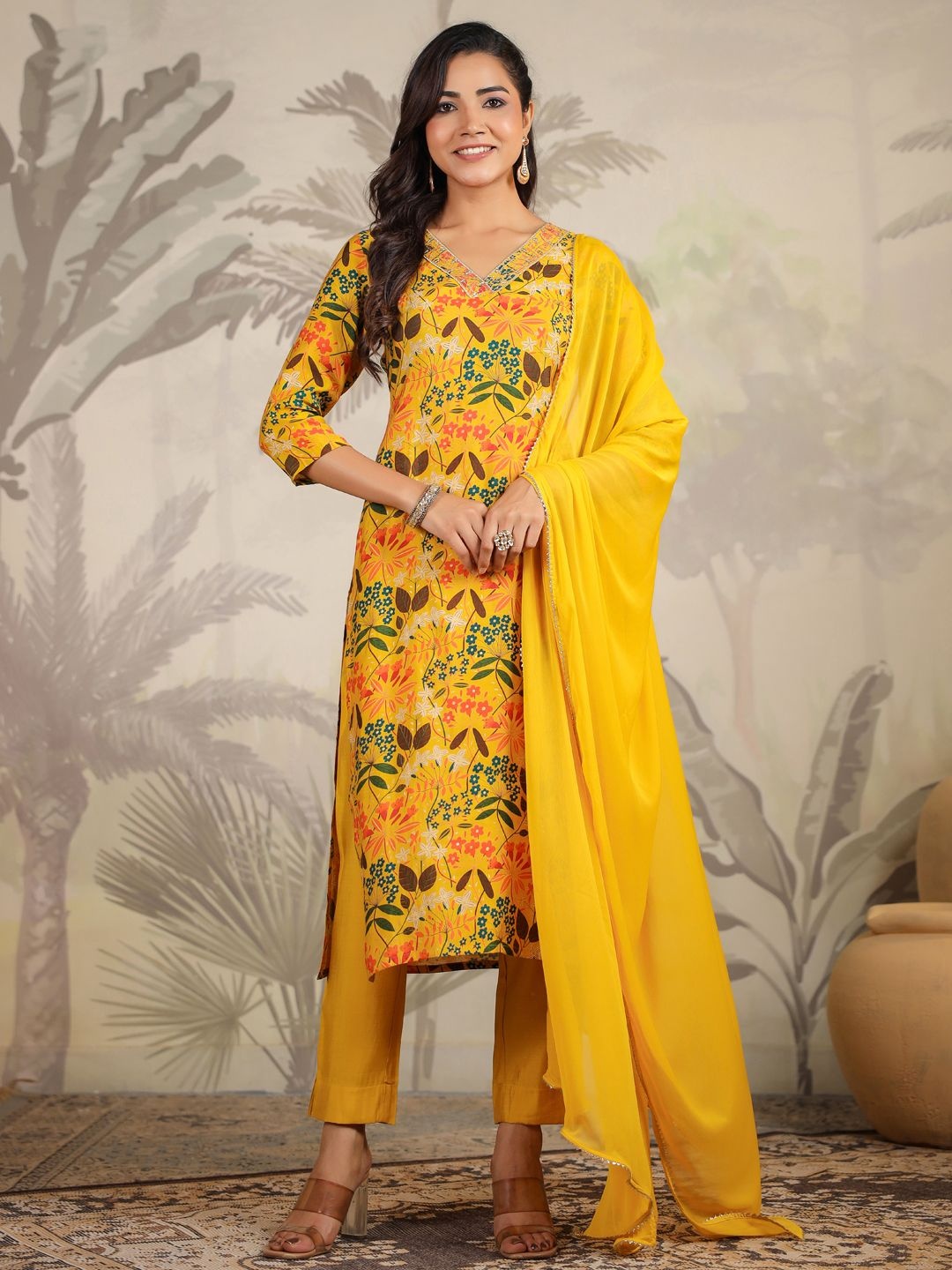 

Janasya Floral Printed Sequinned Kurta with Trouser & Dupatta, Mustard