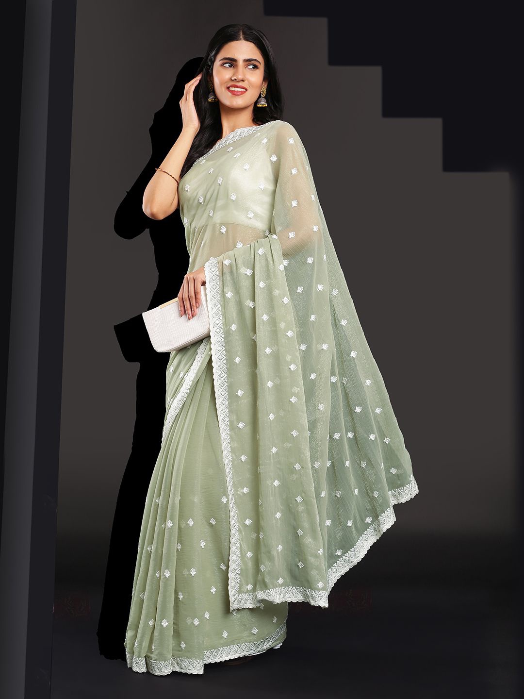 

Kalyan Silks Embellished Embroidered Organza Jamdani Saree, Sea green