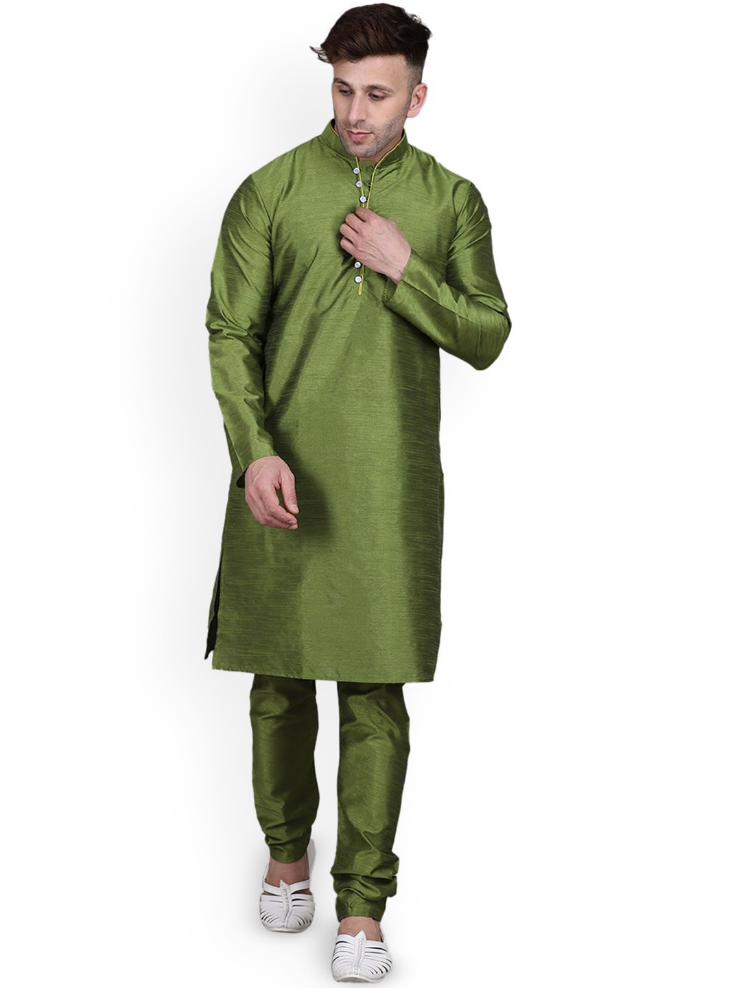 

REFULGENT Regular Dupion Silk Straight Kurta with Pyjamas, Green