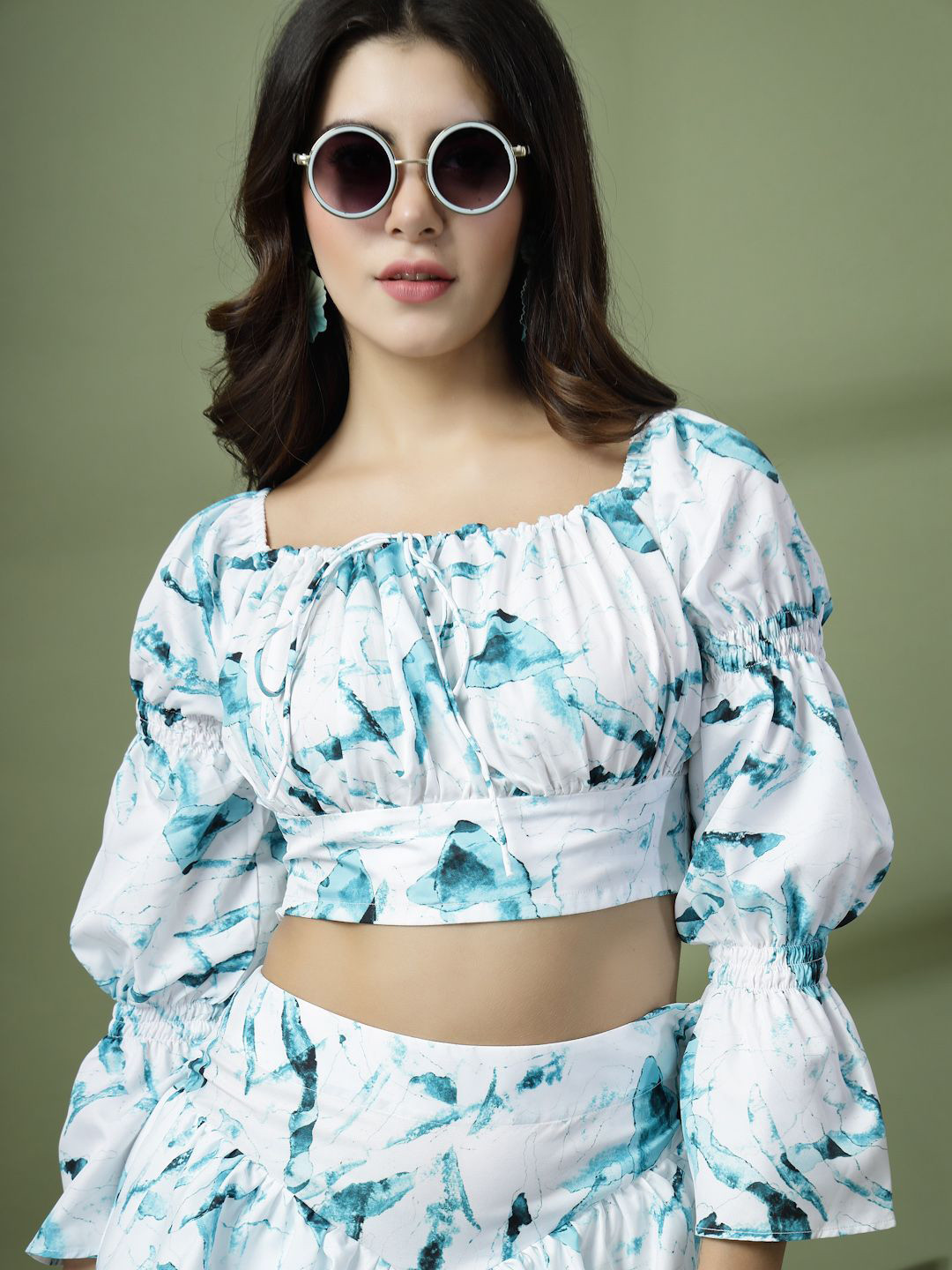 

Oomph! Women Abstract Printed Bell Sleeve Fitted Crop Top, Blue