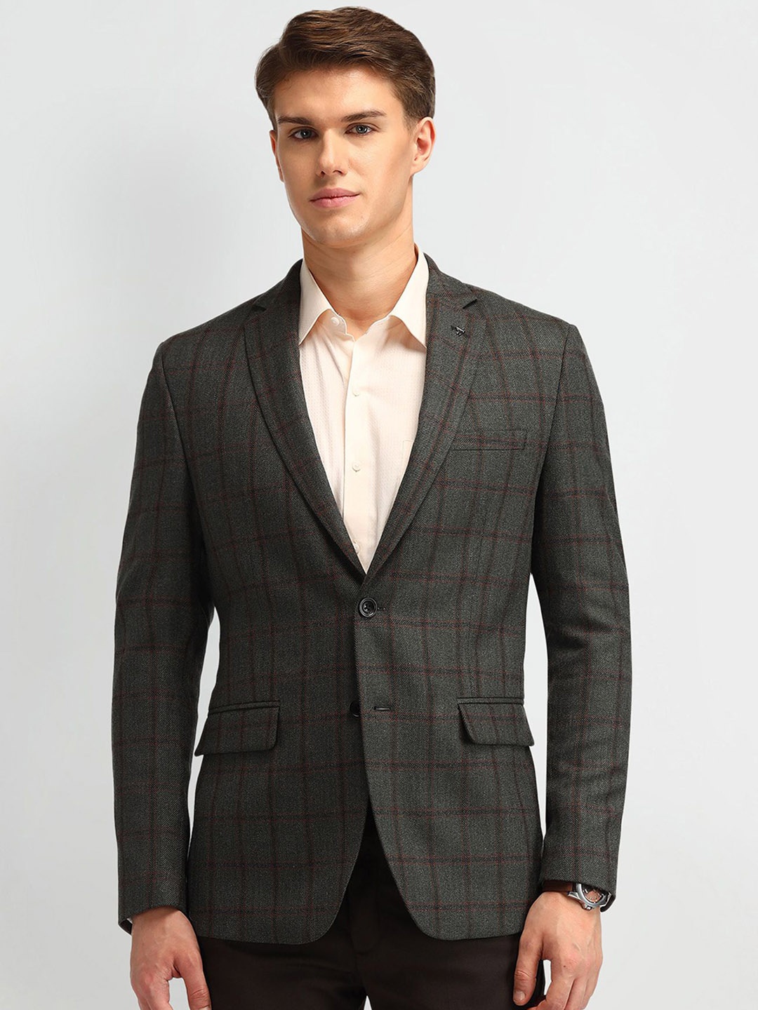 

Arrow Checked Notched Lapel Collar Slim-Fit Single Breasted Formal Blazer, Green