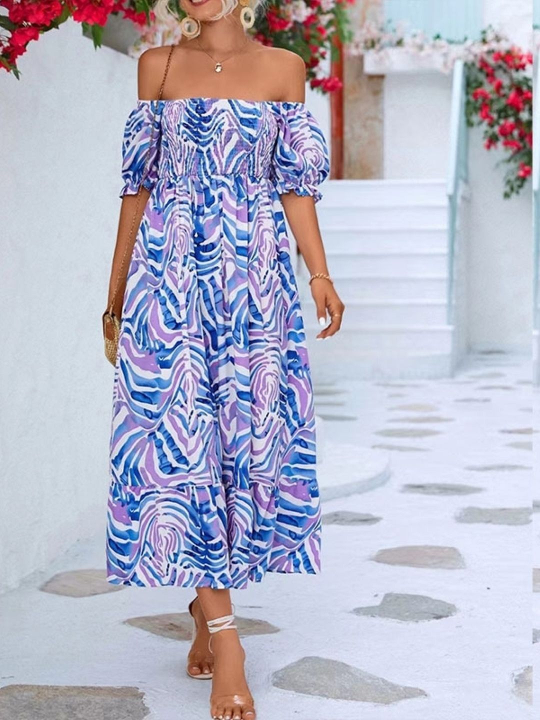 

StyleCast Women Printed Off-Shoulder Sheath Midi Dress, Navy blue