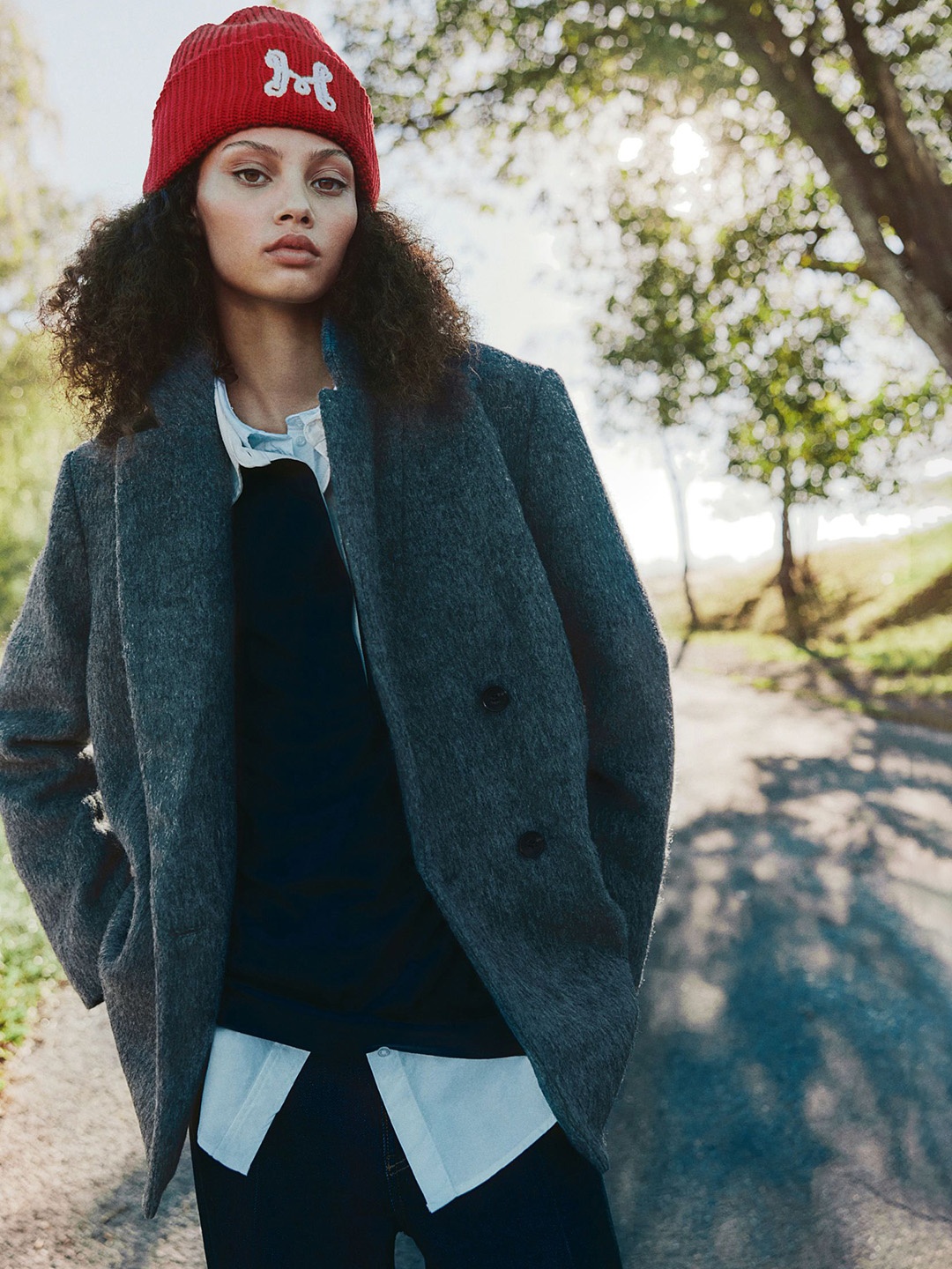 

H&M Double Breasted Notched Lapel Coat, Grey