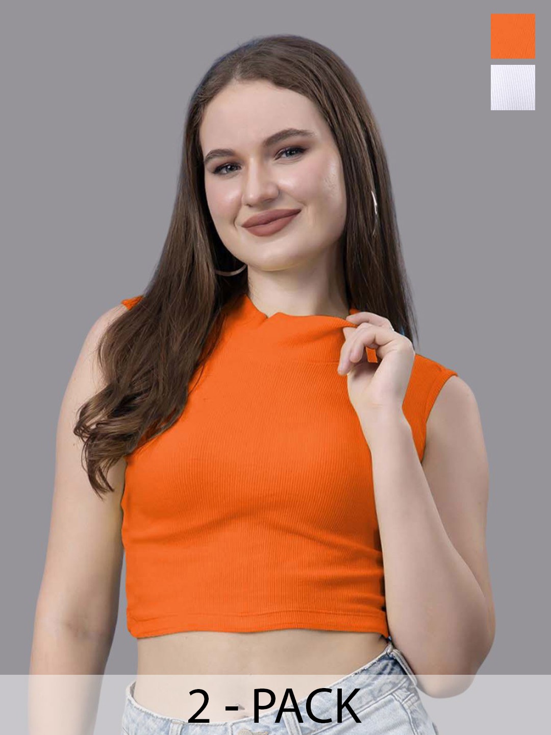 

Friskers Women Pack of 2 Cotton High Neck Sleeveless Fitted Crop Top, White