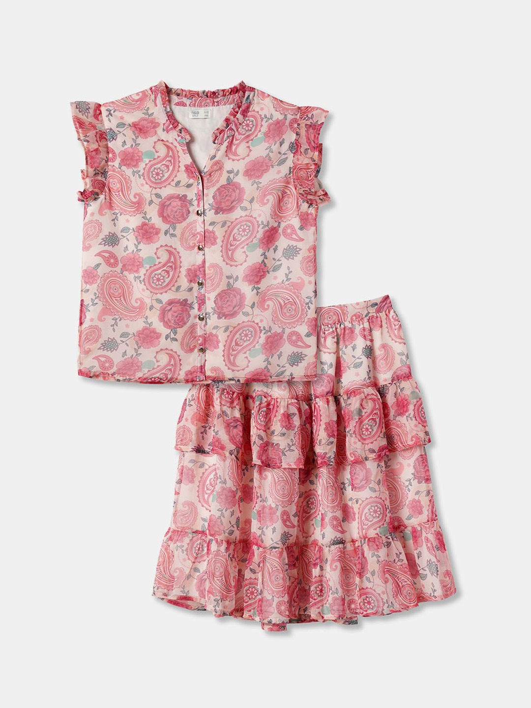 

R&B Girls Printed Mandarin Collar Sleeveless Top With Skirt, Pink