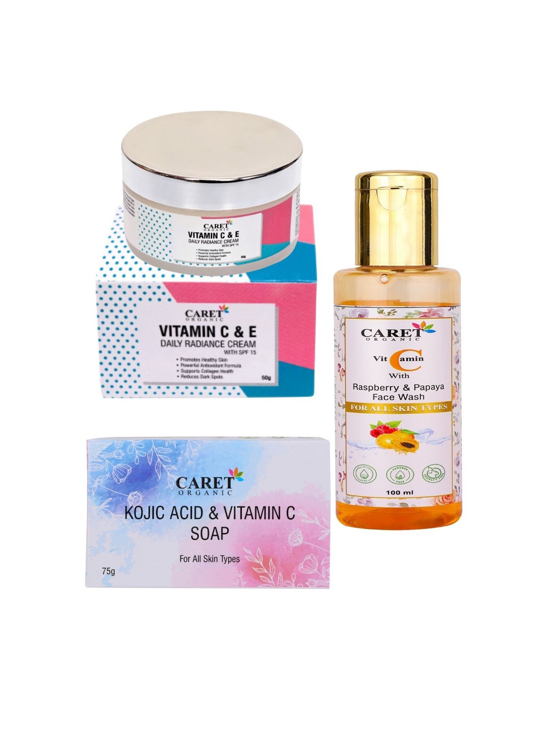 

CARET ORGANIC Set Of 3 Vitamin C Cream, Papaya Face Wash & Kojic Acid Vitamin C Soap, White