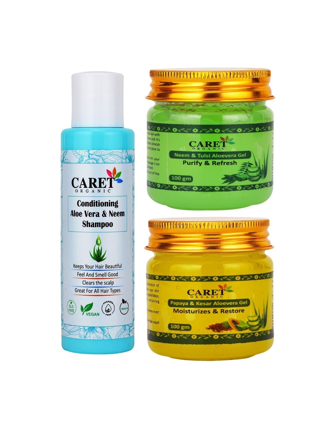 

CARET ORGANIC Set Of 3 Shampoo & Neem-Tulsi Aloevera Gel & Papaya Kesar Aloevera Gel, White