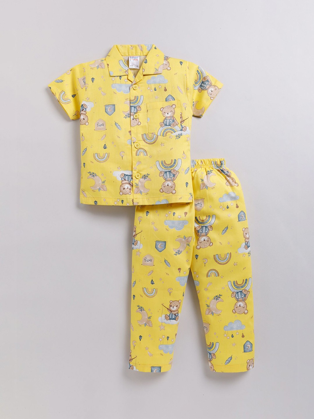 

NAUTI KIDZ Boys Pure Cotton Shirt Collar Short Sleeves Cartoon Printed Night Suit, Yellow