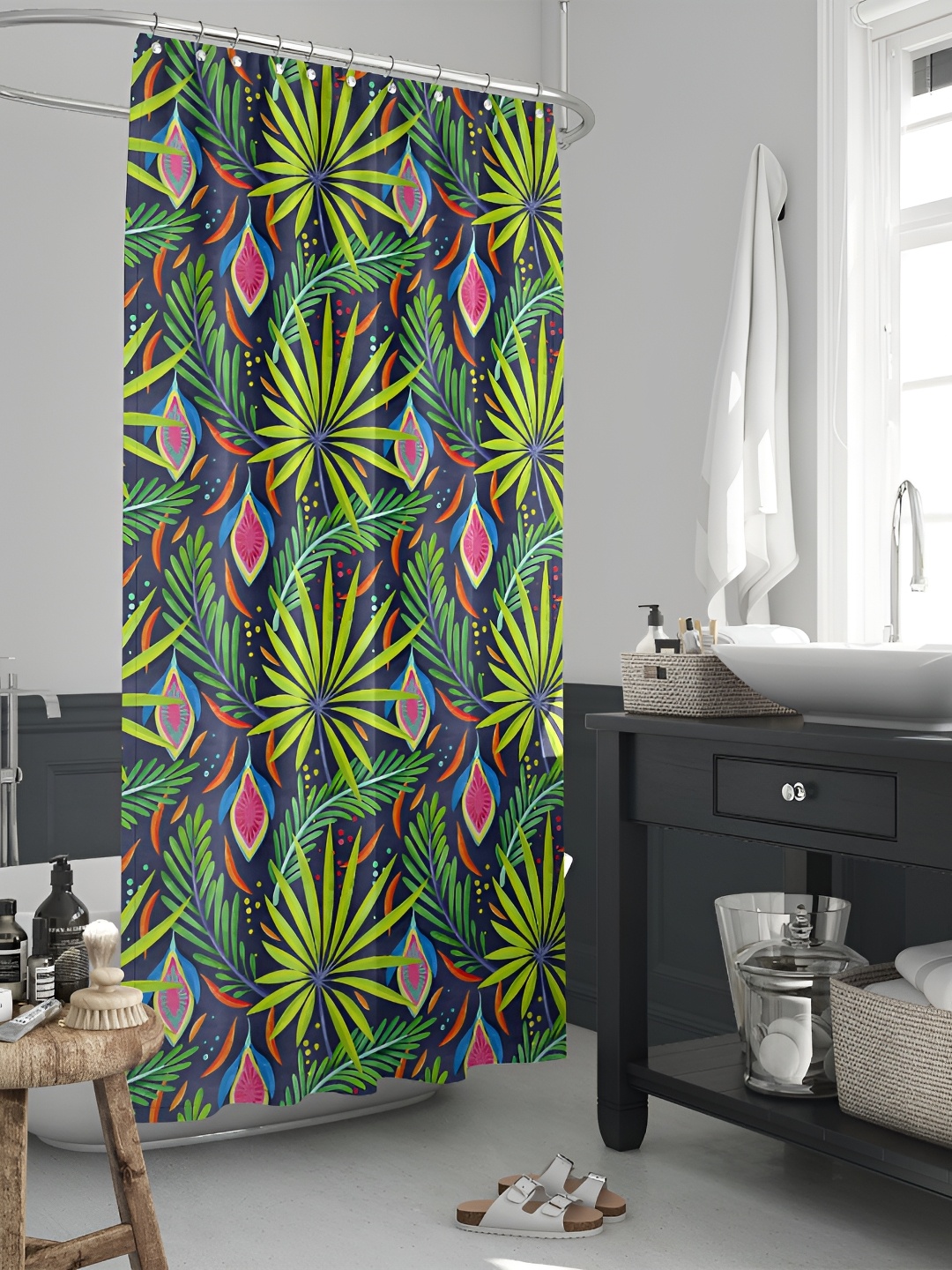 

ArtzFolio Green & Pink Floral Printed Waterproof Shower Curtain, Grey