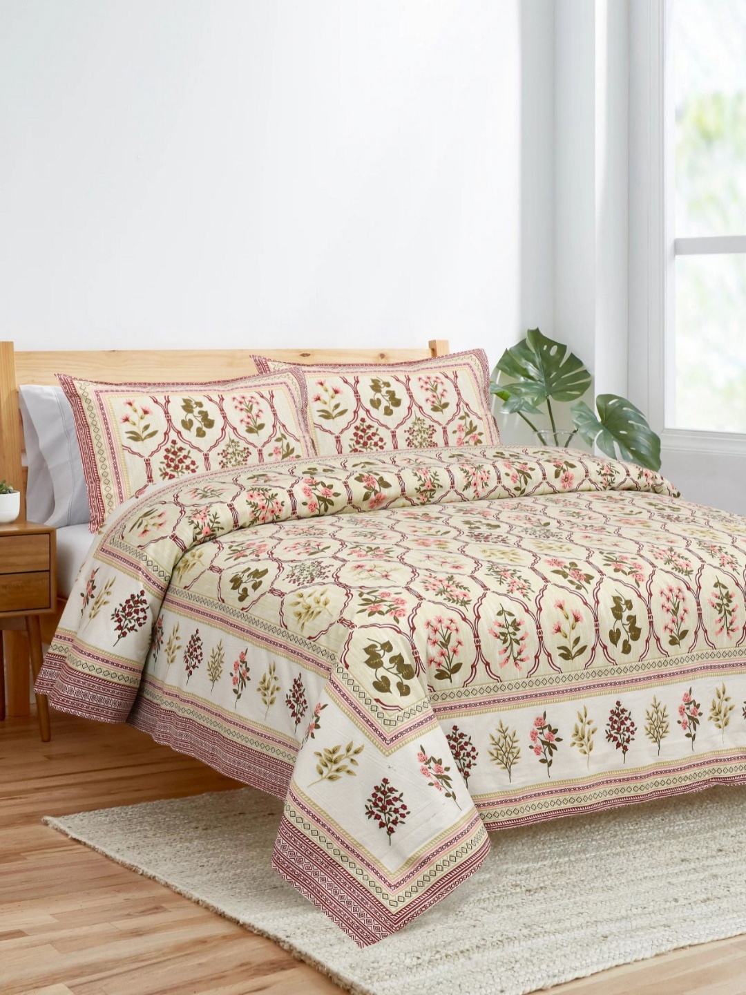 

HOME HEAVENS Green & Pink 3 Piece Ethnic Motifs Cotton Double Queen Superfine Bedding Set