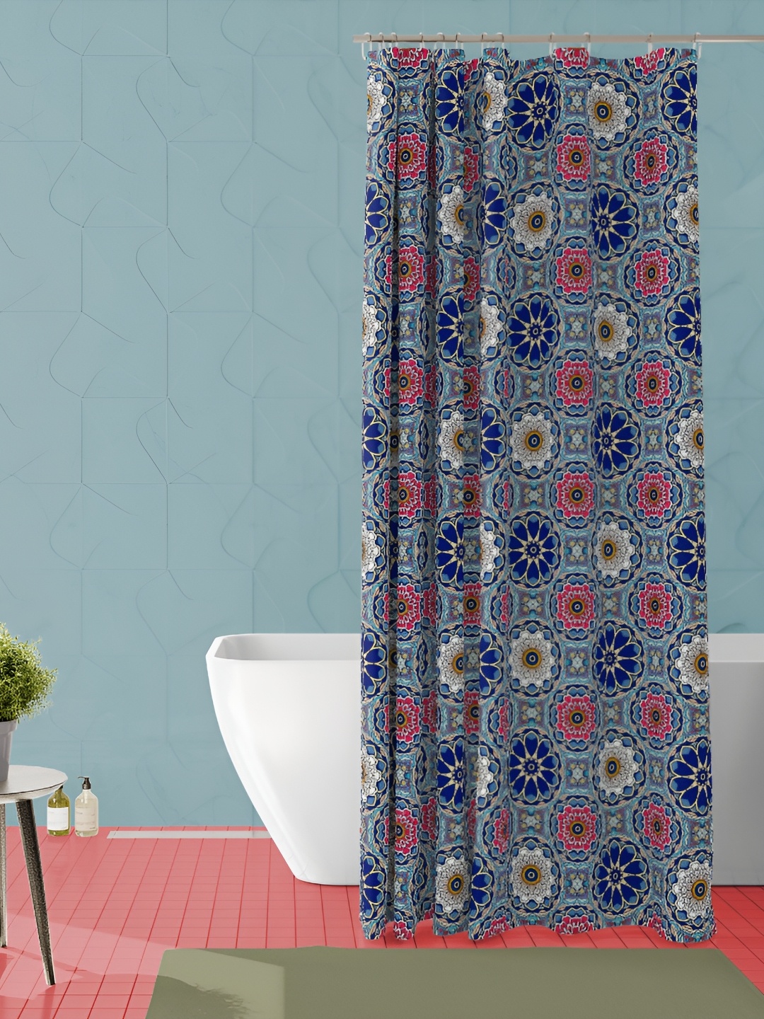 

ArtzFolio Grey & Blue Ethnic Motifs Printed Waterproof Shower Curtain