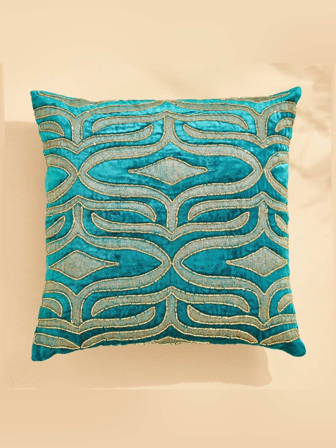 

Home Centre Vellum Teal & Gold-Toned Embroidered Square Cushion Cover