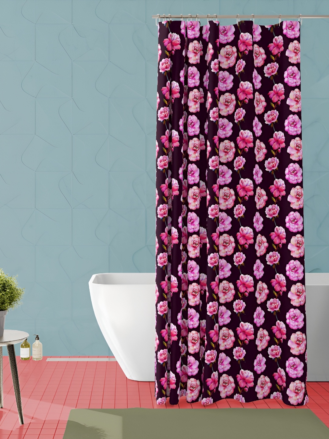 

ArtzFolio Black & Pink Floral Printed Waterproof Shower Curtain