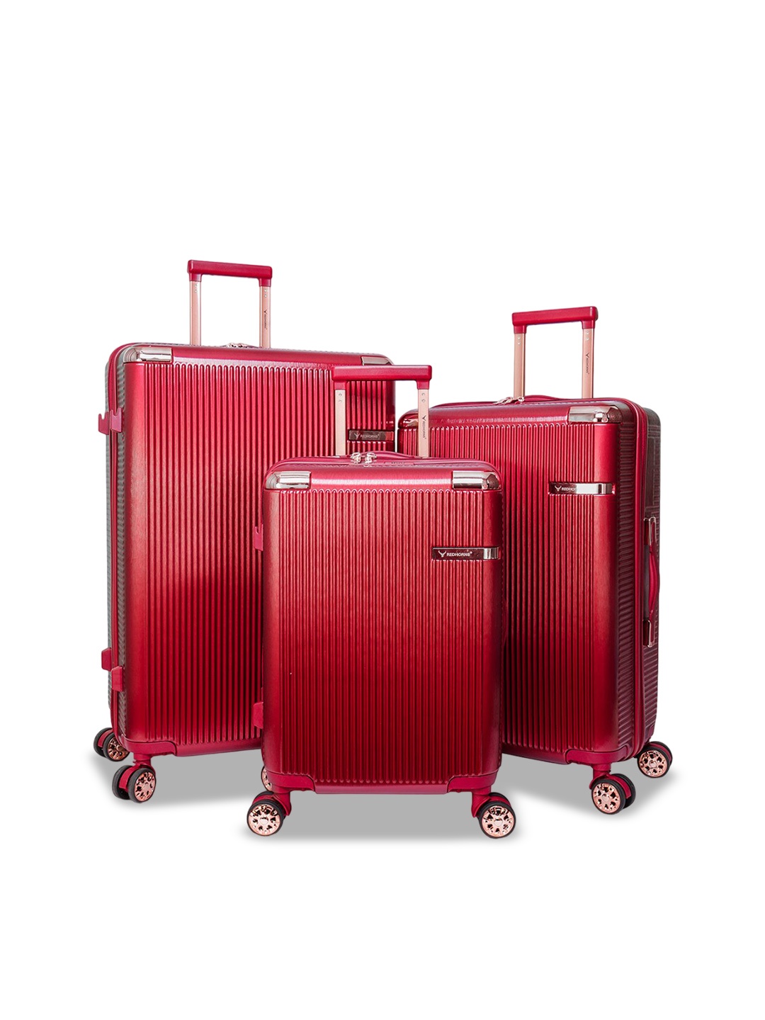 

REDHORNS Set Of 3 Hard-Sided Large, Medium & Cabin Trolley Bag, Red